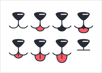 Vector Dog Face Design Elements, Different Emotions. Dog Mouth, Tongue, Nose Isolated. Dog or Cat Face with Closed and Opened Mouth Icons Closeup Set, Collection for Vet Logo, Emblem, Pet Care, Canine