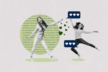 Full zine pop trend collage of happy girl guy stand colorful bubble valentine day heart speech chatterbox notification cloud
