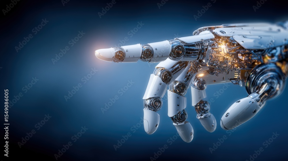 Poster Futuristic robotic hand with detailed mechanical components reaching forward in space