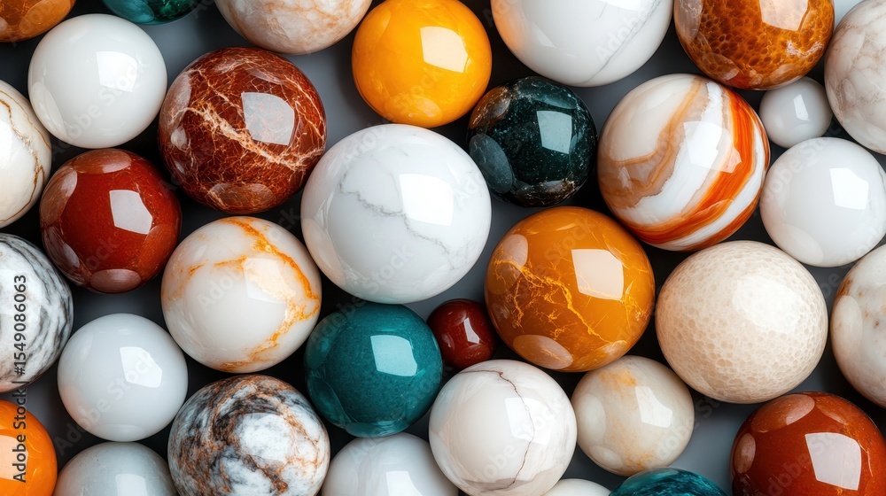 Poster an array of colorful marbles showcasing intricate patterns and textures, offering a vibrant visual f