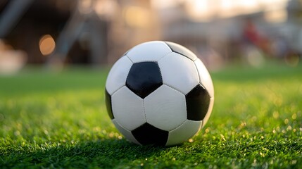 Fototapeta premium A traditional soccer ball on green grass, symbolizing the essence of the beautiful game.