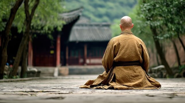 Meditating monk seated on stone pathway in traditional robes overlooking peaceful garden