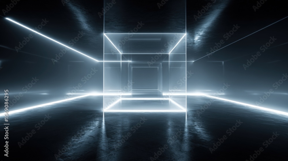 Poster futuristic glowing neon tunnel in a high-tech digital corridor with reflections
