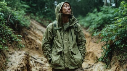 Obraz premium An adventurer stands in a lush, green forest while wearing rain gear, looking up at the sky, embodying the spirit of exploration and connection to nature's wonders.