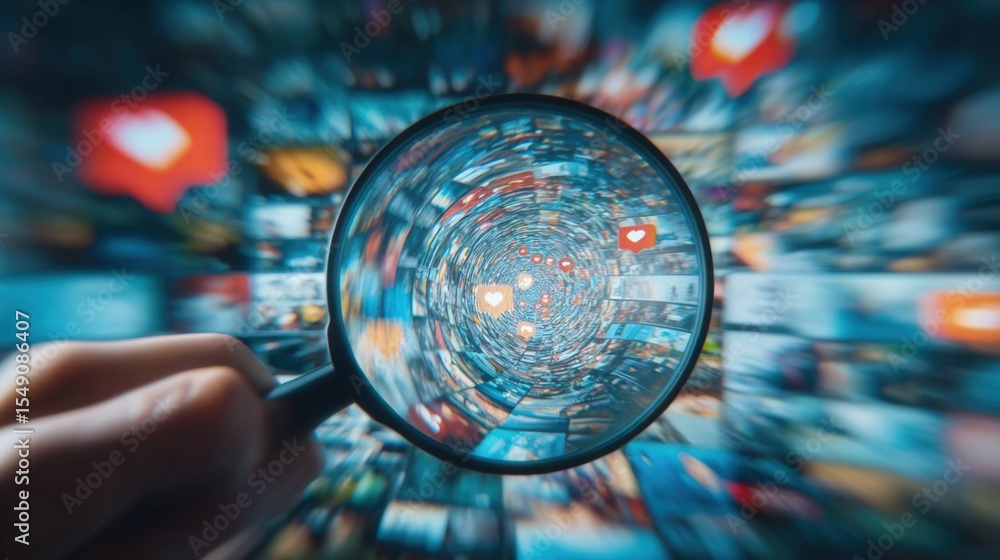 Aufkleber view through magnifying glass overloads with social media icons in a digital environment