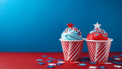 Fourth of july concept. Close-up of red, white and blue icecrams with sprinkles in pape cupson a red table on blue backgroud with copy space. Generated image