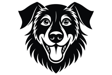 Black and white dog smiles happily, his tongue sticking out from his mouth