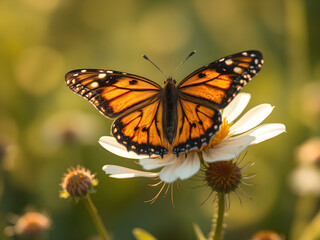 Fototapeta premium Orange Monarch Butterfly on Flowers. Beautiful Nature Macro Photography. Generative AI