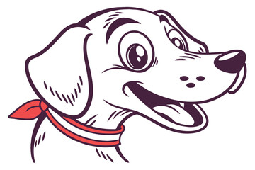 Cartoon dog with a red bandana cheerfully looks to the side with open mouth