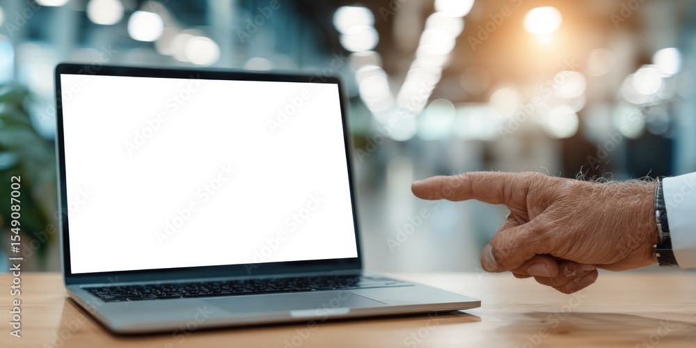 Poster Modern workspace with open laptop and hand pointing at blank screen in bright office environment