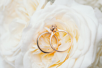Gold wedding and engagement rings on white rose petals