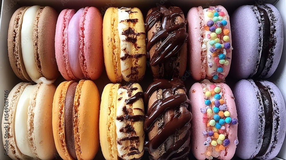 Poster assortment of colorful macarons with various flavors and decorations in a close-up view
