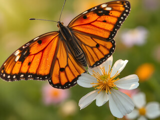Fototapeta premium Orange Monarch Butterfly on Flowers. Beautiful Nature Macro Photography. Generative AI