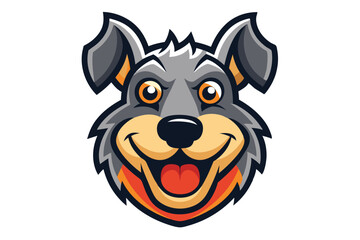 A cheerful gray dog face with orange eyes broadly smiles on a white background