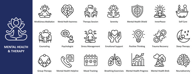 Modern Flat Line Art Mental Health & Therapy Icons Set - Mindfulness, Counseling, and Wellness Symbols for Digital Media, Apps, and Healthcare Graphics