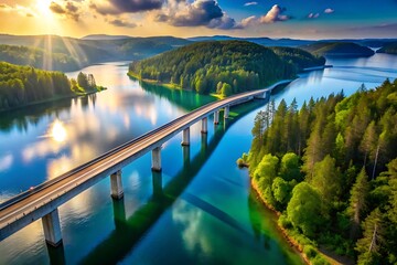 Aerial view of a long bridge spanning a serene lake surrounded by lush green forests at sunset