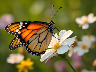 Fototapeta premium Orange Monarch Butterfly on Flowers. Beautiful Nature Macro Photography. Generative AI