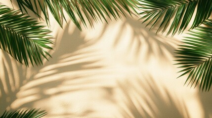 summer background of beach sand with shadows from palm leaves, top view