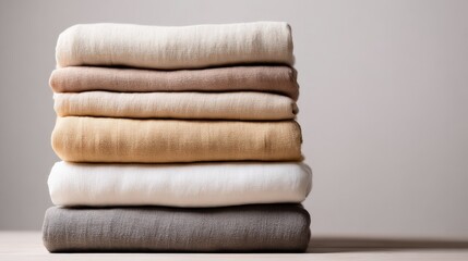 Stack of neatly folded soft towels in various neutral shades on plain background