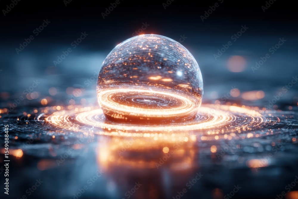 Poster glowing transparent sphere with light sparks and ripples on surface in dark environment