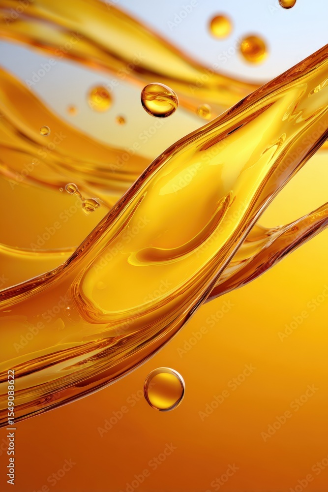 Poster Close-up of flowing golden liquid with bubbles and smooth dynamic movement