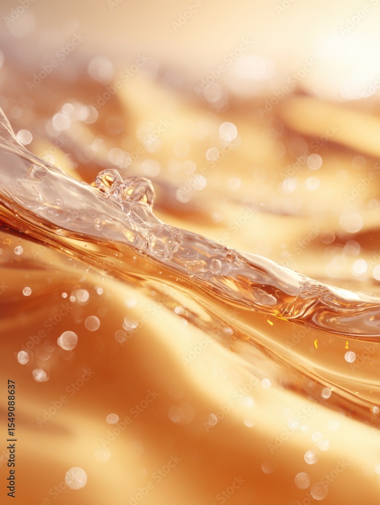 Poster Close-up of flowing golden liquid with splash and bubbles creating dynamic movement