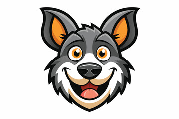 Cartoon grey wolf head smiles broadly showcasing vibrant orange eyes and inner ear details