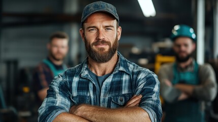 A confident worker wearing a cap stands in front of a workspace, exuding leadership and teamwork with colleagues in a workshop environment.