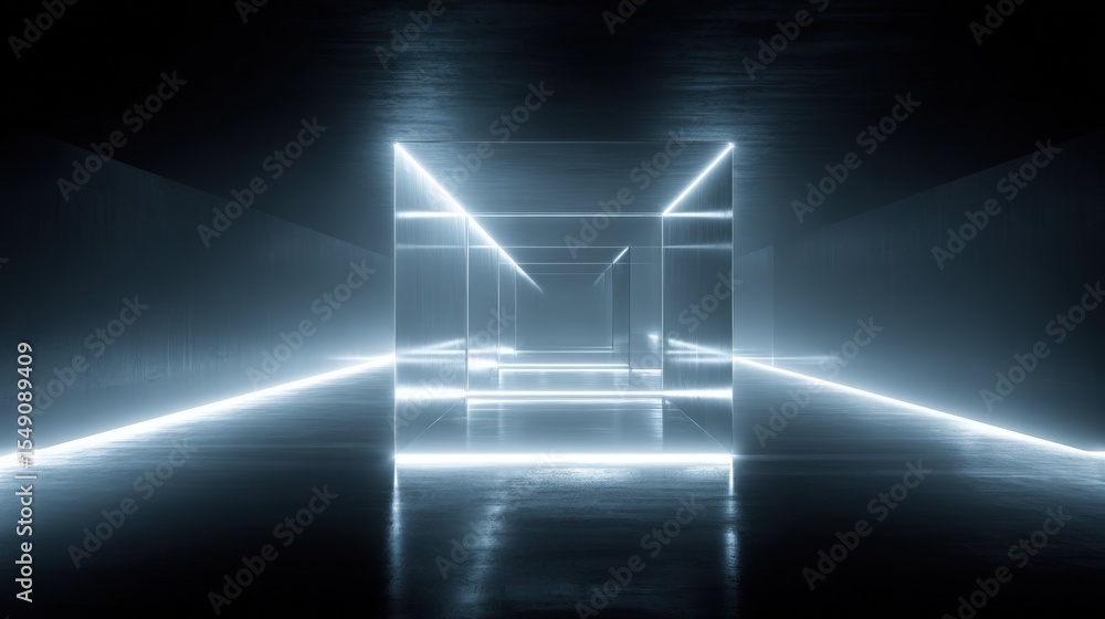 Poster Futuristic tunnel illuminated with neon lights and glowing geometric structures