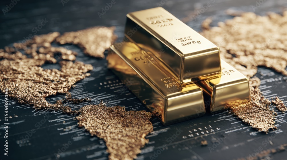 Poster close-up of gold bars stacked on world map with financial and investment concept