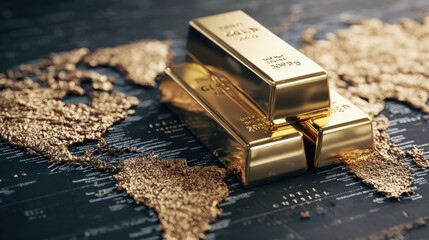 Close-up of gold bars stacked on world map with financial and investment concept