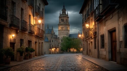 Obraz premium Historic cobblestone street in a European city at dusk with illuminated old buildings