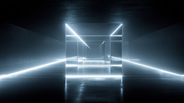 Futuristic tunnel illuminated with neon lights and glowing geometric structures - Powered by Adobe
