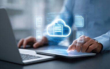 Modern digital cloud storage concept with data icons on tablet and laptop screen