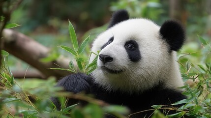 Fototapeta premium Adorable giant panda cub resting among bamboo in lush green forest environment