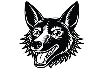 Black and white shows an expressive head of a dog with open mouth