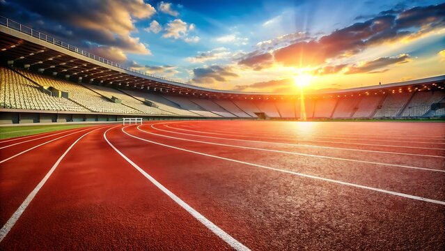 Empty running track at stadium during sunset, red lanes, golden hour