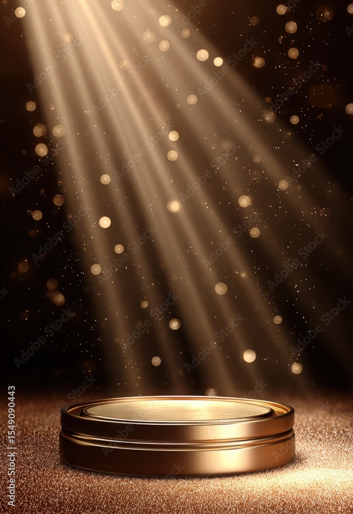 Poster elegant golden spotlight shining onto a round platform with floating particles