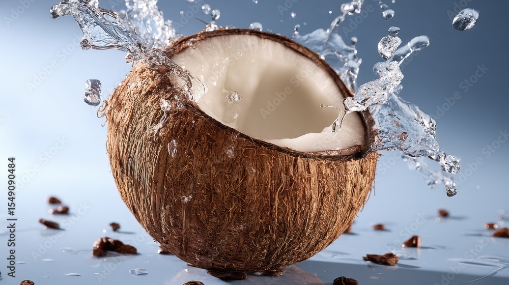 Poster close-up of a cracked coconut with water splashing and pieces falling on a blue background