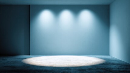 Obraz premium Empty Modern Exhibition Gallery with Blue Walls and Spotlight Lighting Illumination