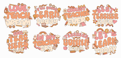Retro teacher quotes set for print, teacher day design bundle for t-shirt, Groove teacher with education theme, Teacher typography poster collection