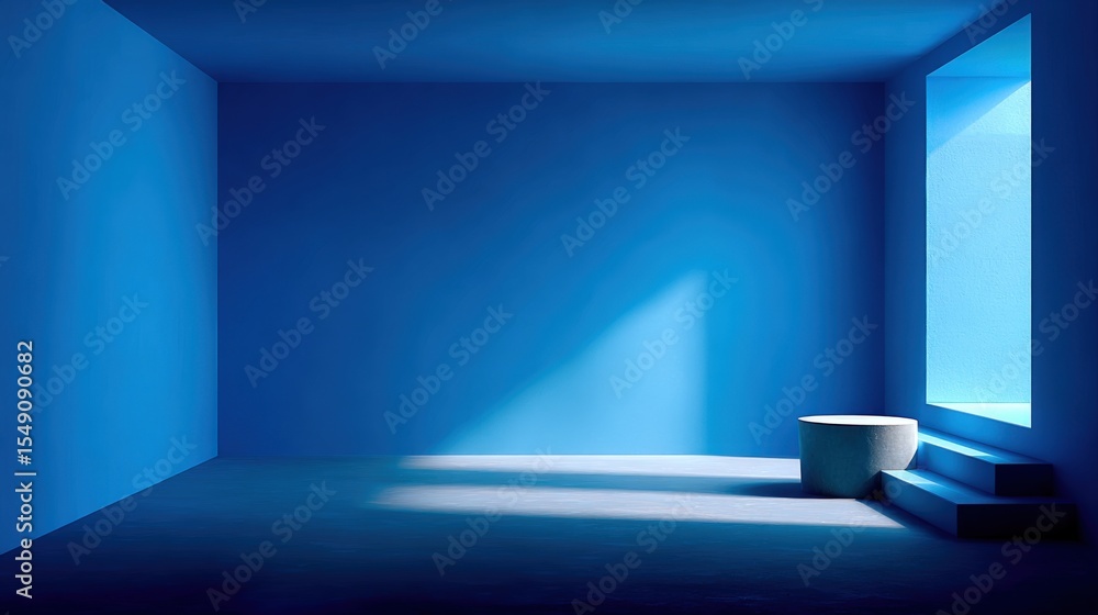Poster brightly lit empty blue room with window and minimalistic design interior space
