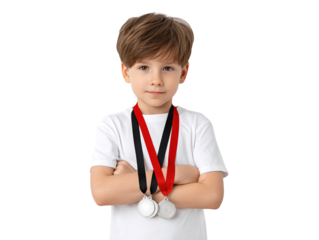 Triumphant young boy celebrates victory with a gleaming medal young