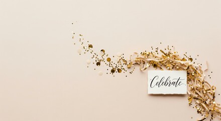 A dynamic and creative flat lay where gold liquid splashes from a champagne bottle and transforms into solid gold confetti mid-air.