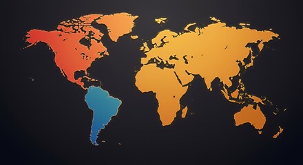 Global Map with Gradient Color-Coded Continents: North America, South America, Eurasia, Africa, Oceania