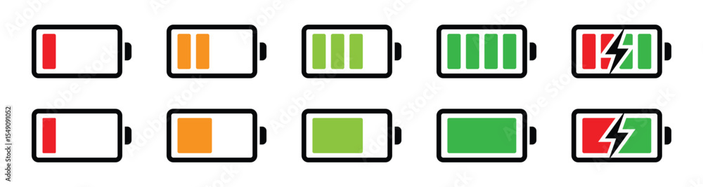 Aufkleber battery level icon set. charge level indicator collection with low, medium, full and charging symbol