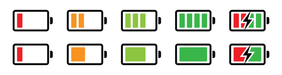 Battery level icon set. Charge level indicator collection with low, medium, full and charging symbol for app and UI. Transparent PNG and vector illustration.