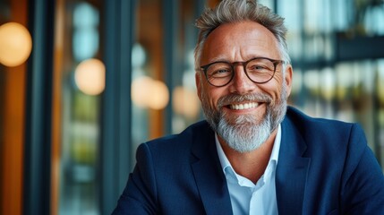 Fototapeta premium A confident and approachable mature man wearing glasses and a suit, smiling warmly in a sleek office environment, embodying success, wisdom, and professionalism.