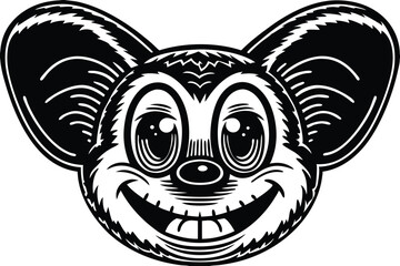 Cartoonish mouse head, rendered in black and white, happily smiles with distinct, outlines