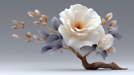 Stunning Surrealism of a White Rose with Elegant Blue Leaves Set Against a Gray Background for Contemporary Art Lovers